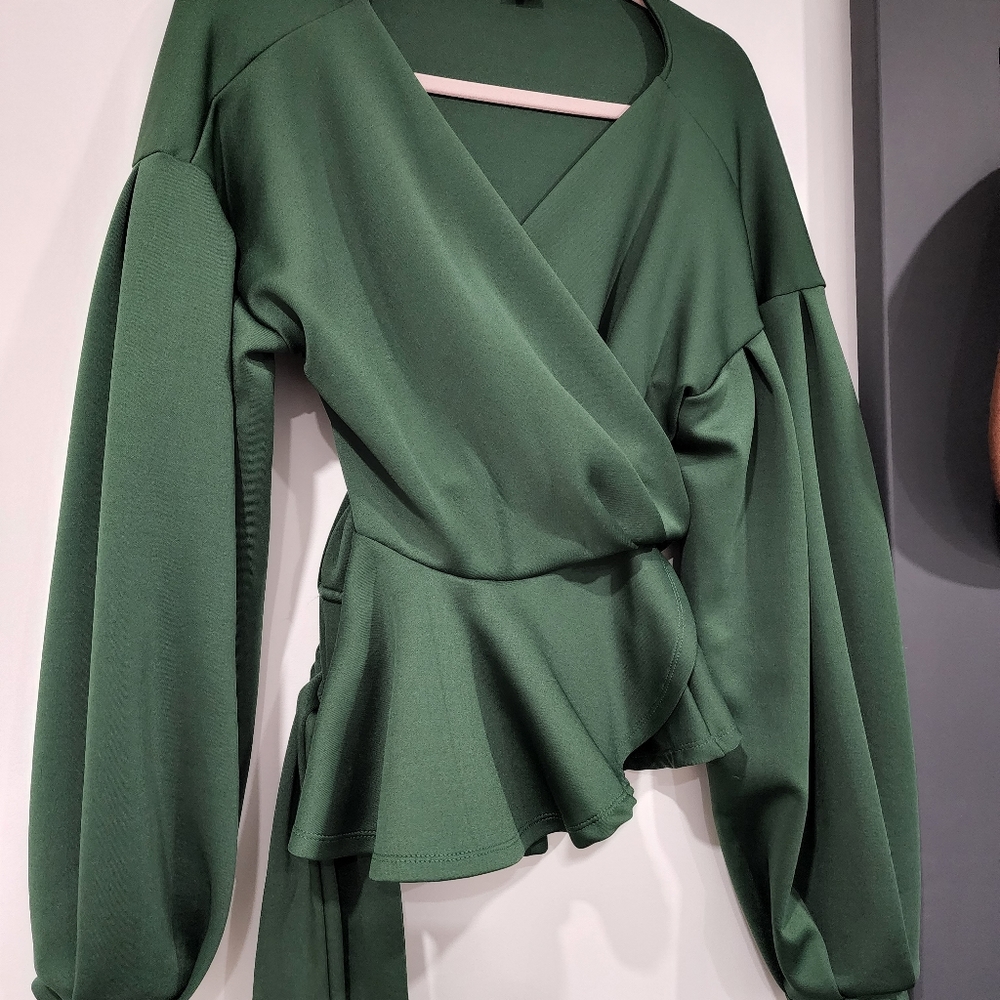 Lantern Sleeve Wrap Belted Peplum Blouse